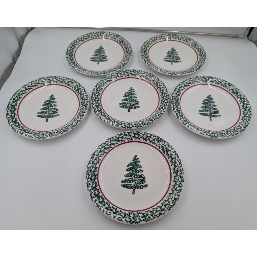 Furio Christmas Tree Salad Plates 8" Set Of 6 Green Spongeware Made in Italy